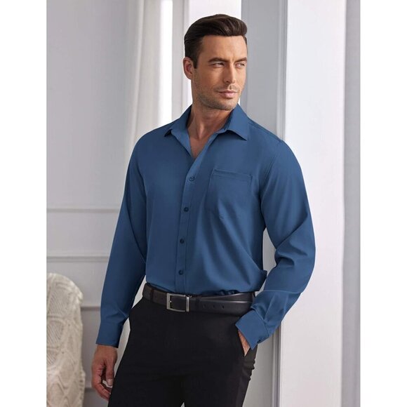 Men Blue Shirts Wrinkle Free Long Sleeve Button Down Shirt Formal Dress Shirt - Picture 3 of 6